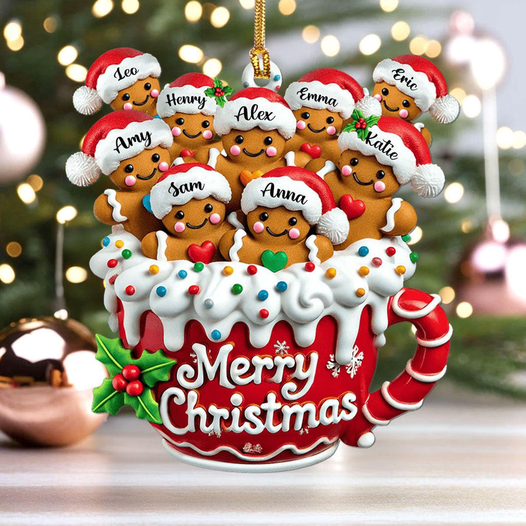 Personalized Gingerbread Family Mug Ornament, Custom Name Merry Christmas Ornament 2025, Large Family Keepsake, Cute Holiday Gift