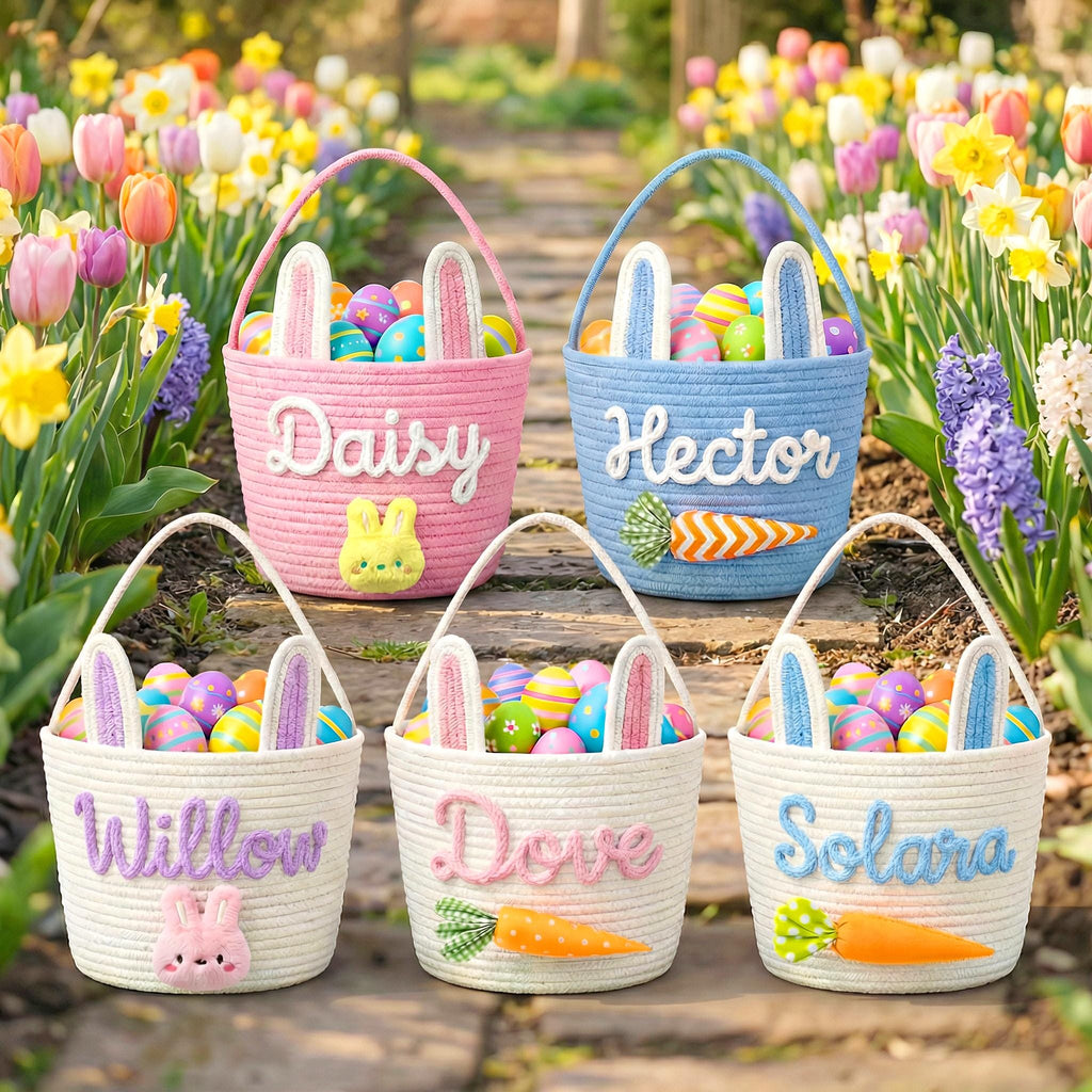 Personalized Easter Bunny Basket with Name – Cotton Rope Easter Basket for Kids, Easter Egg Hunt Gift
