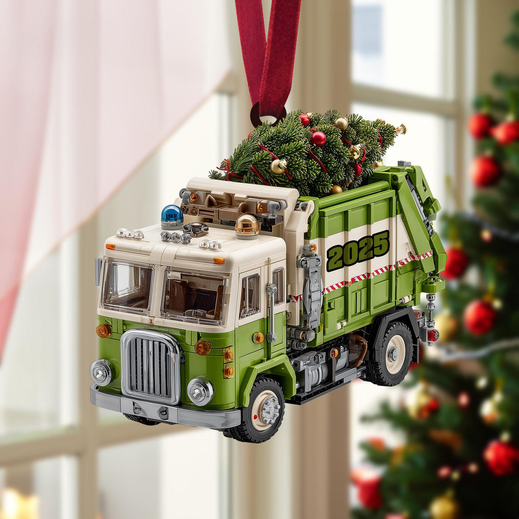 Garbage Truck Christmas Ornament, Green Sanitation Truck with Christmas Tree, Personalized Name Year, Recycling Worker Gift, Holiday 2025