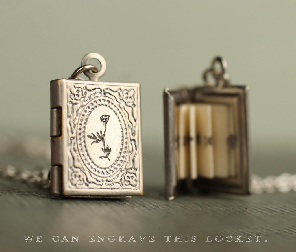 Personalized Silver Book Locket Necklace: Literary Gift with Hidden Message