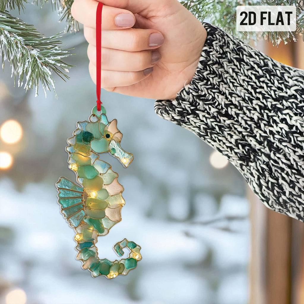 Sea Glass Ocean Ornament Set, 2D Flat Turtle Crab Shell Seahorse Christmas Decorations, Coastal Beach Decor, Sea Animal Christmas Deco
