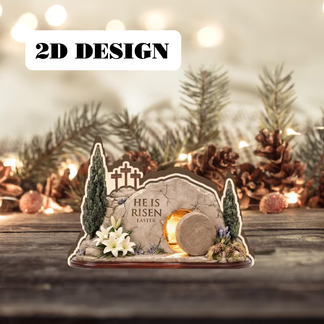 He Is Risen Empty Tomb flat 2D Wooden Block, Resurrection Scene, Religious Easter Gift