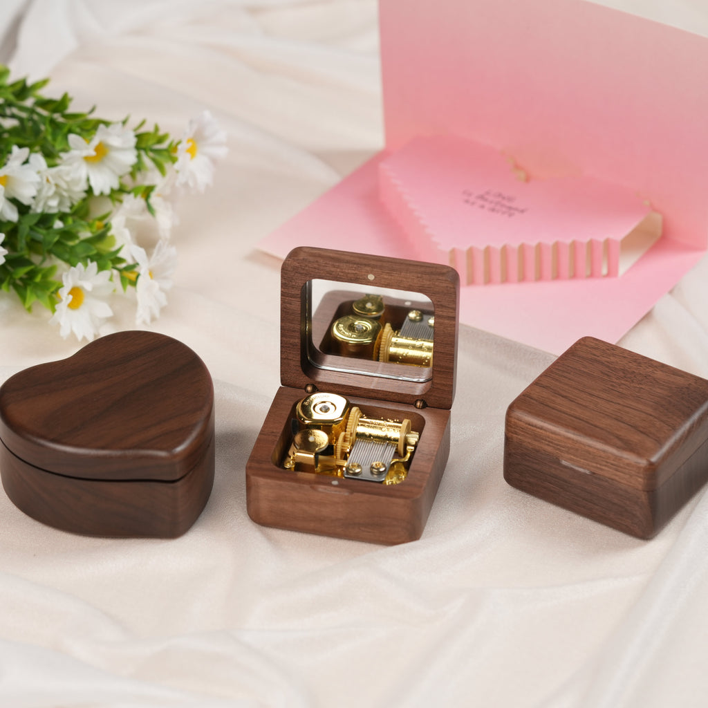 Personalized Music Box with a Custom Metal Melody Mechanism, Wooden Heart Music Box