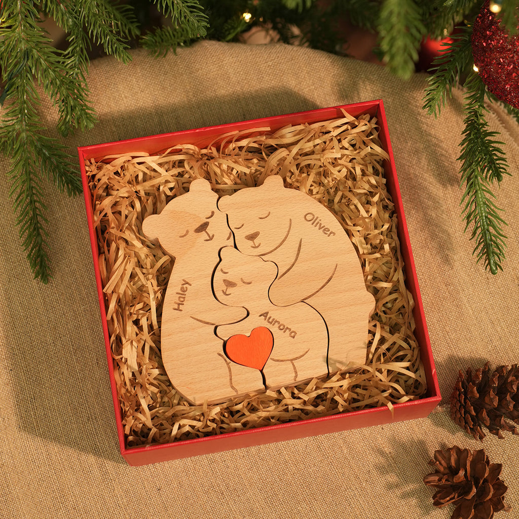 Family Personalized Custom Bear Shaped Wooden Art Puzzle - Wooden Bear Carvings, Carved Wood Decor - Gift For Family Members