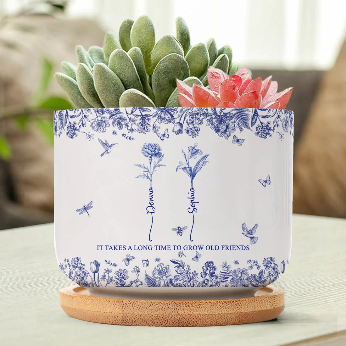 Custom Ceramic Flower Pot for Best Friends – 'It Takes a Long Time to Grow Old Friends' Quote with Name & Floral Design