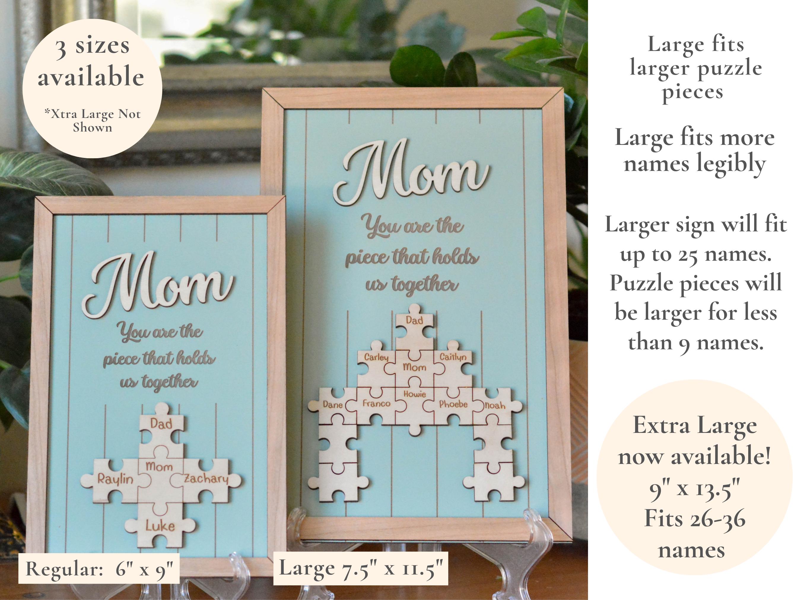 Mom Puzzle Sign, Mother's Day Gift, Custom Engraved Wood Sign, Piece That Holds Us Together, Grandma Gift, Personalized