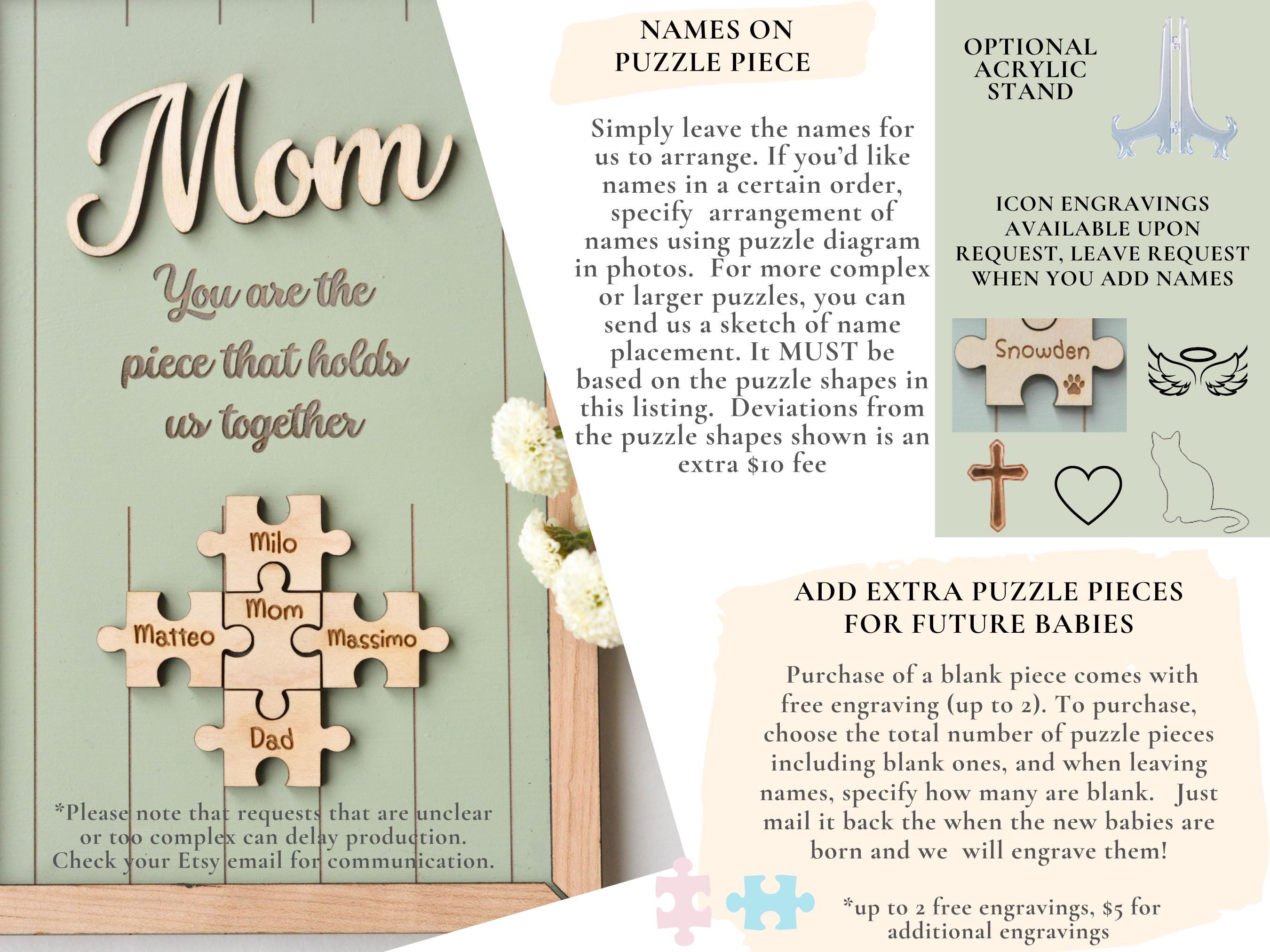 Mom Puzzle Sign, Mother's Day Gift, Custom Engraved Wood Sign, Piece That Holds Us Together, Grandma Gift, Personalized