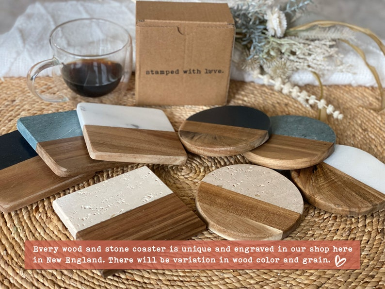 Engraved Custom Coasters, Personalized Round Coaster Set, Housewarming Gift, Personalized Anniversary Gift, Marble Wood Drink Coasters