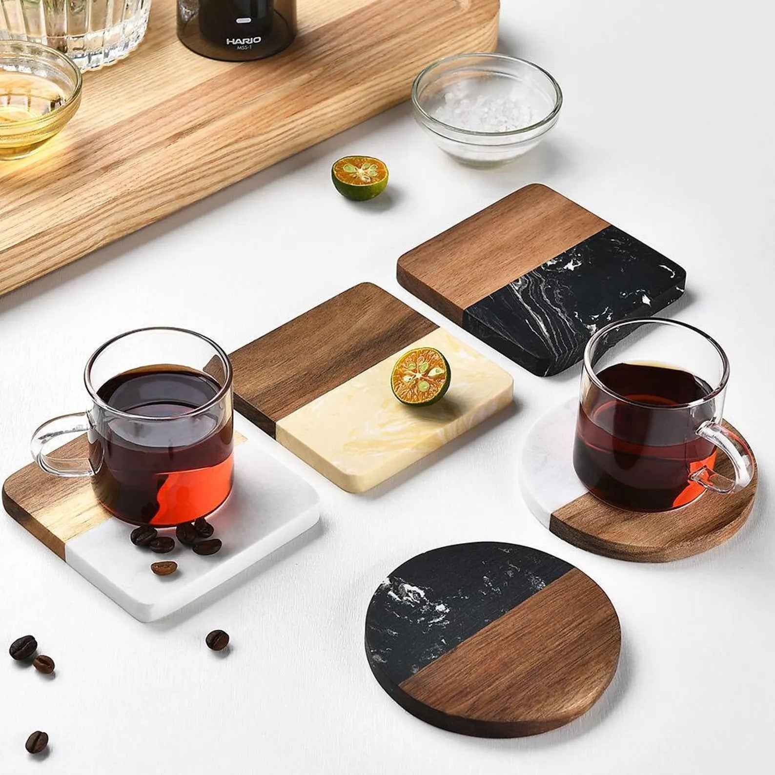 Marble and Wood Coasters Personalized Housewarming Gift, Realtor Closing Gift, Custom Coasters Set With Holder, Wedding Gift for Couple