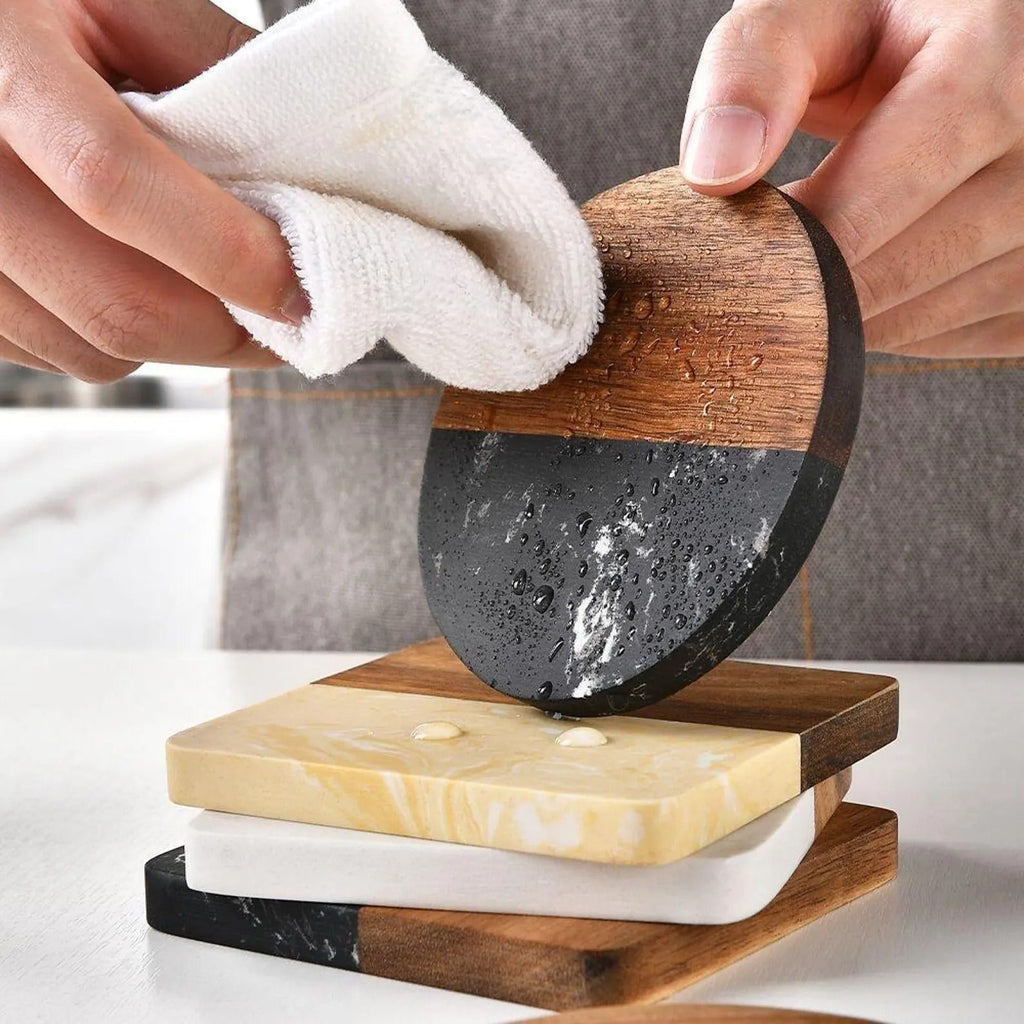 Marble and Wood Coasters Personalized Housewarming Gift, Realtor Closing Gift, Custom Coasters Set With Holder, Wedding Gift for Couple