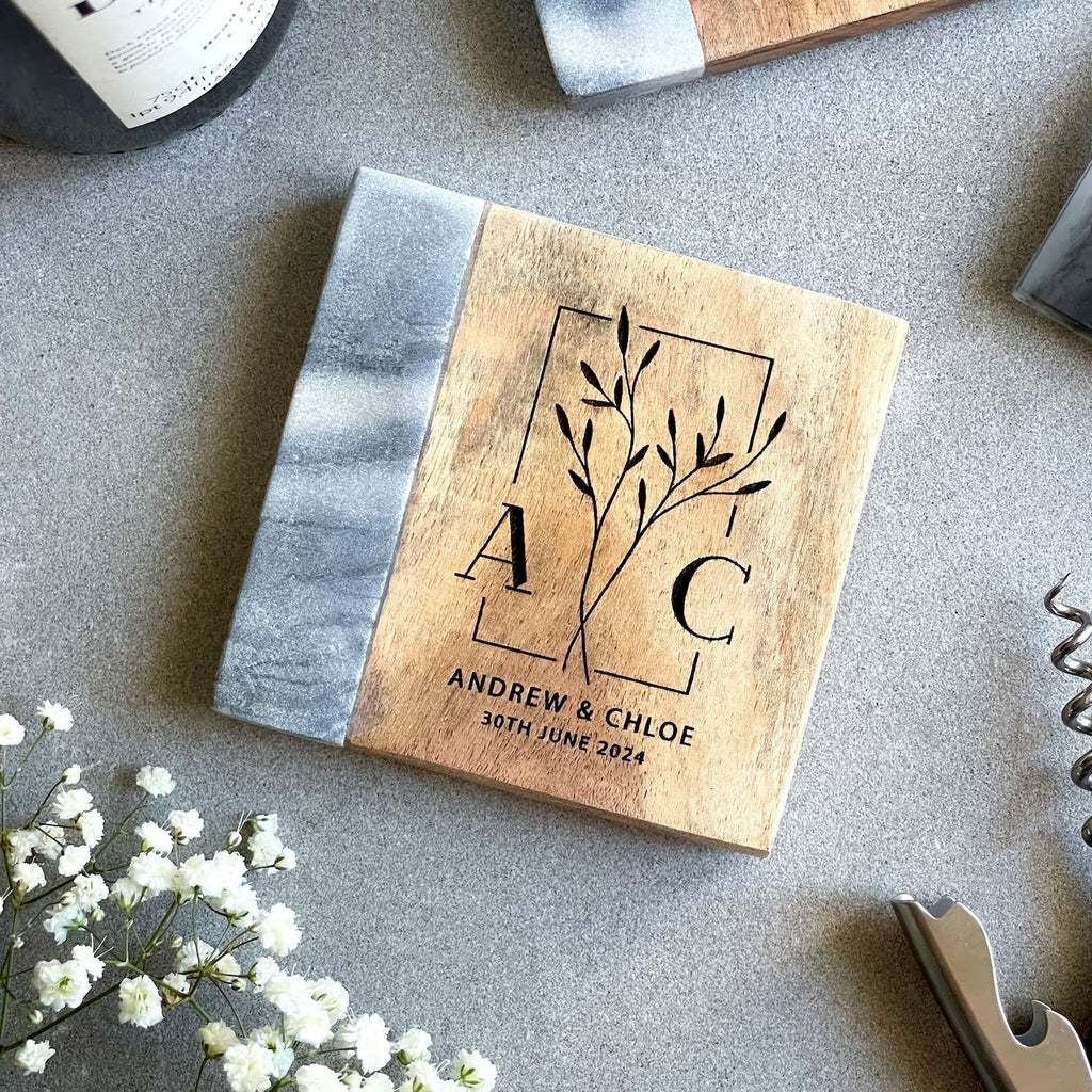 Pair of Personalised Marble & Wood Coasters and Gift Box | Personalized Wedding, Engagement, New Home or 5th Anniversary Gift