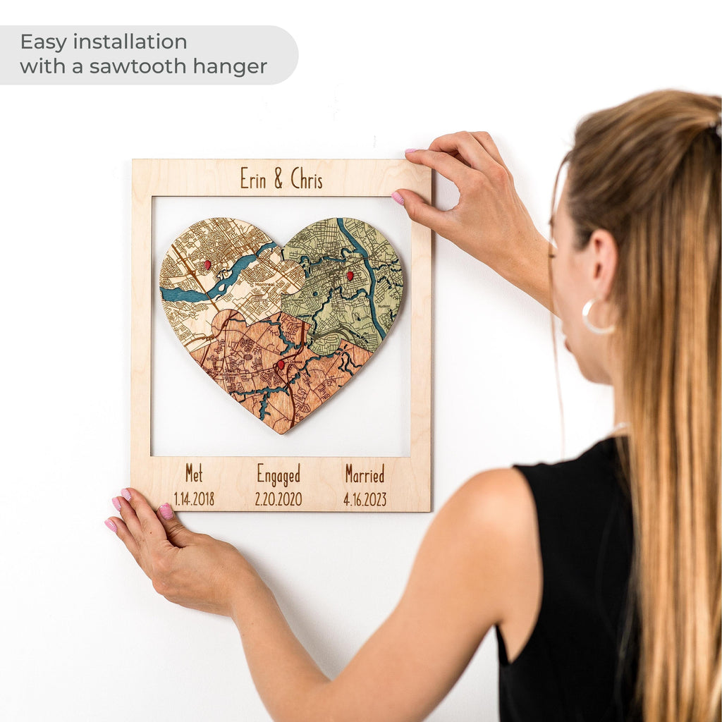 Met Engaged Married Wooden Map, Three Locations Heart Puzzle Map, Framed Wall Decor Gift, Personalized Wedding Anniversary Gift for Couple