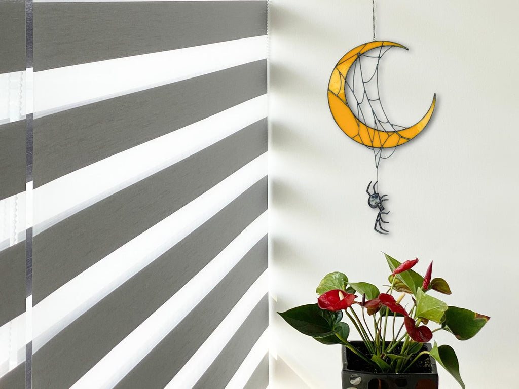 Crescent Moon Decor with Spiders. Unique Stained Glass Halloween Suncatcher for Witchy and Spooky Rooms. Crescent Moon Gift with Spider Web