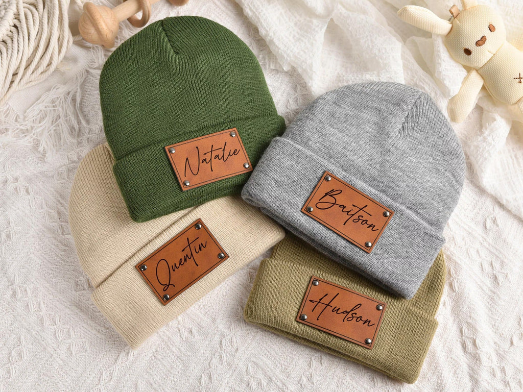 Custom Baby Beanie, Toddler Winter Hat, Kids Youth Child Infant Newborn Gift, Name Hat Engraved Leather Patch Beanie,Personalized Baby Gift