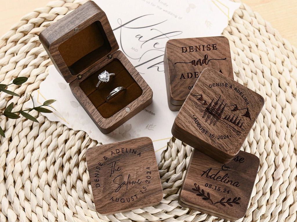 Engraved Wooden Ring Box, Anniversary Gift, Personalized Engagement Ring Box, Proposal Ring Bearer Box, Wood Ring Box For Wedding Ceremony