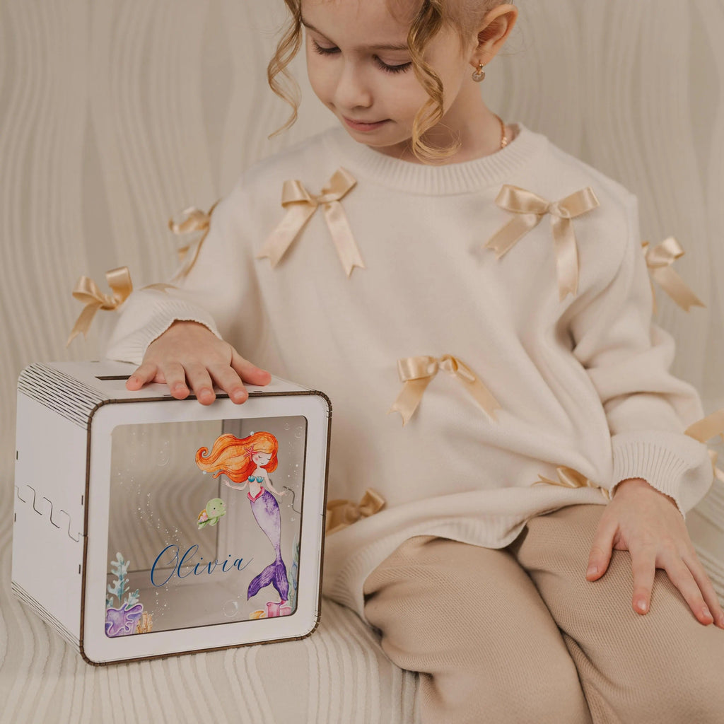 Personalized Large Wooden Piggy Bank for Kids, Custom Name Gift for Toddler, Acrylic Glass Coin Bank, Unique Birthday Gift for Kid