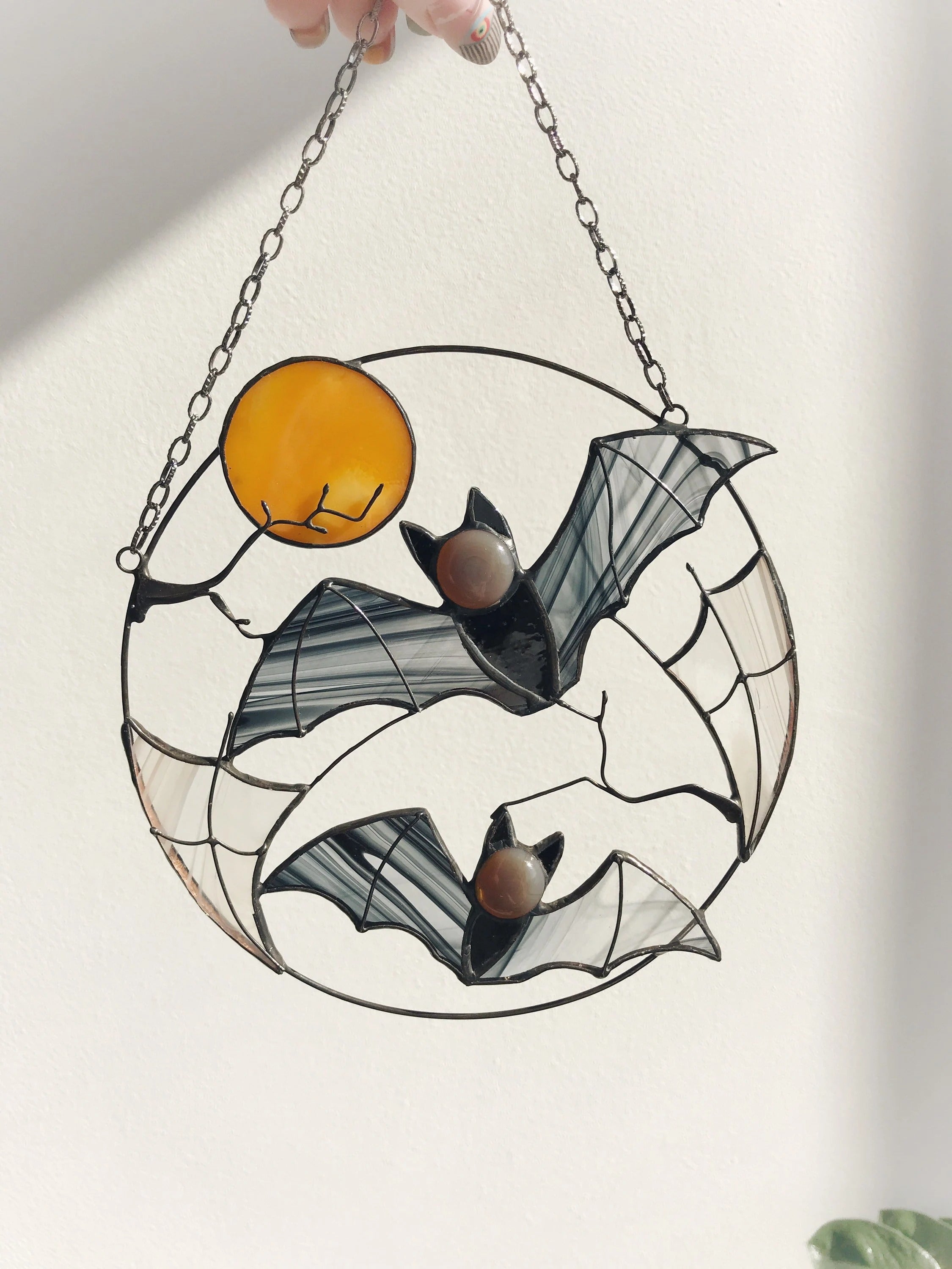 Stained Glass Bat Suncatcher – Halloween Window Hanging Decor, Gothic Moon, Spooky Gift, Flying Bats Wall Art