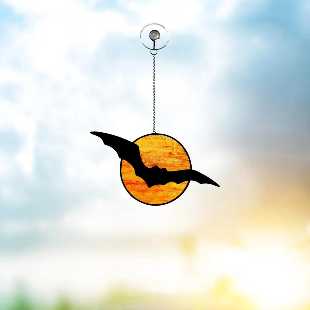 Stained Glass Bat and Moon Suncatcher. Perfect Halloween Decor for Spooky Season. Add Gothic Charm to Your Home or Garden Display.