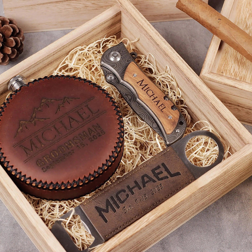 Personalized Groomsmen Gift Box Set: Leather Wrap Flask + Classic pocket knife + Leather Bottle Opener - proposal box set custom engraved