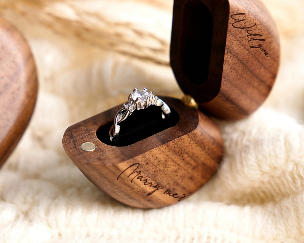Custom Heart Shaped Wooden Ring Holder, Personalized Wedding Ring Box, Ring Bearer Holder, Anniversary Gift for Couple, Engagement Box