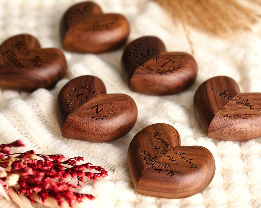 Custom Heart Shaped Wooden Ring Holder, Personalized Wedding Ring Box, Ring Bearer Holder, Anniversary Gift for Couple, Engagement Box