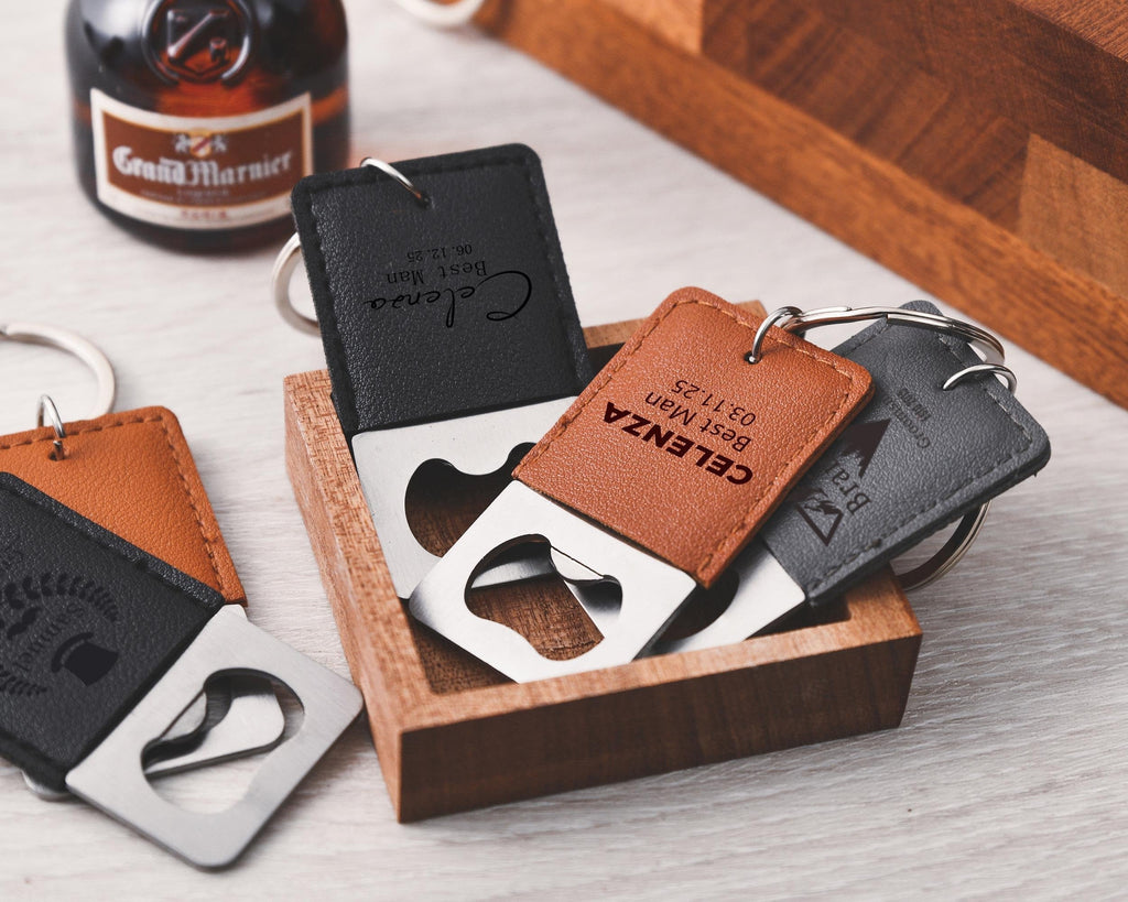 Personalized leather keychain bottle opener, customizable groomsmen gift, party favors, high quality leather wine opener best man gifts