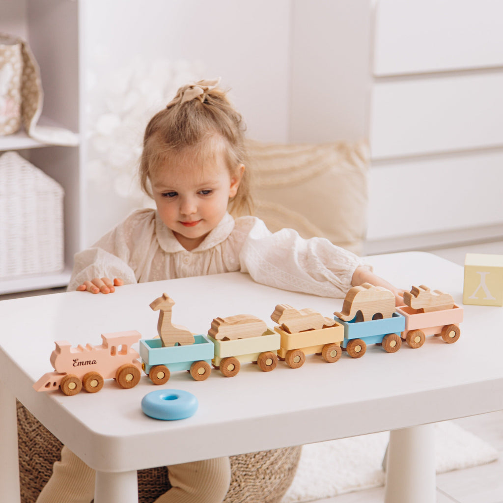 Wooden Farmer Train With Name Additional Set of Animals Custom Train Personalized Baby Boy Gift Sensory Toys Fidget Toys For Toddlers